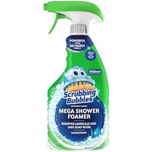 Scrubbing Bubbles Mega Bathroom and Shower Cleaner Spray, Foaming Action Removes Limescale and Soap Scum, Rainshower Scent, 32oz
