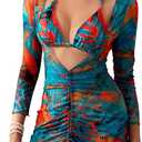 OYOANGLE Women's 3 Piece Swimsuit Floral Print Halter Bikini Set Bathing Suit with Beach Cover Ups (X-Large, Blue Orange)