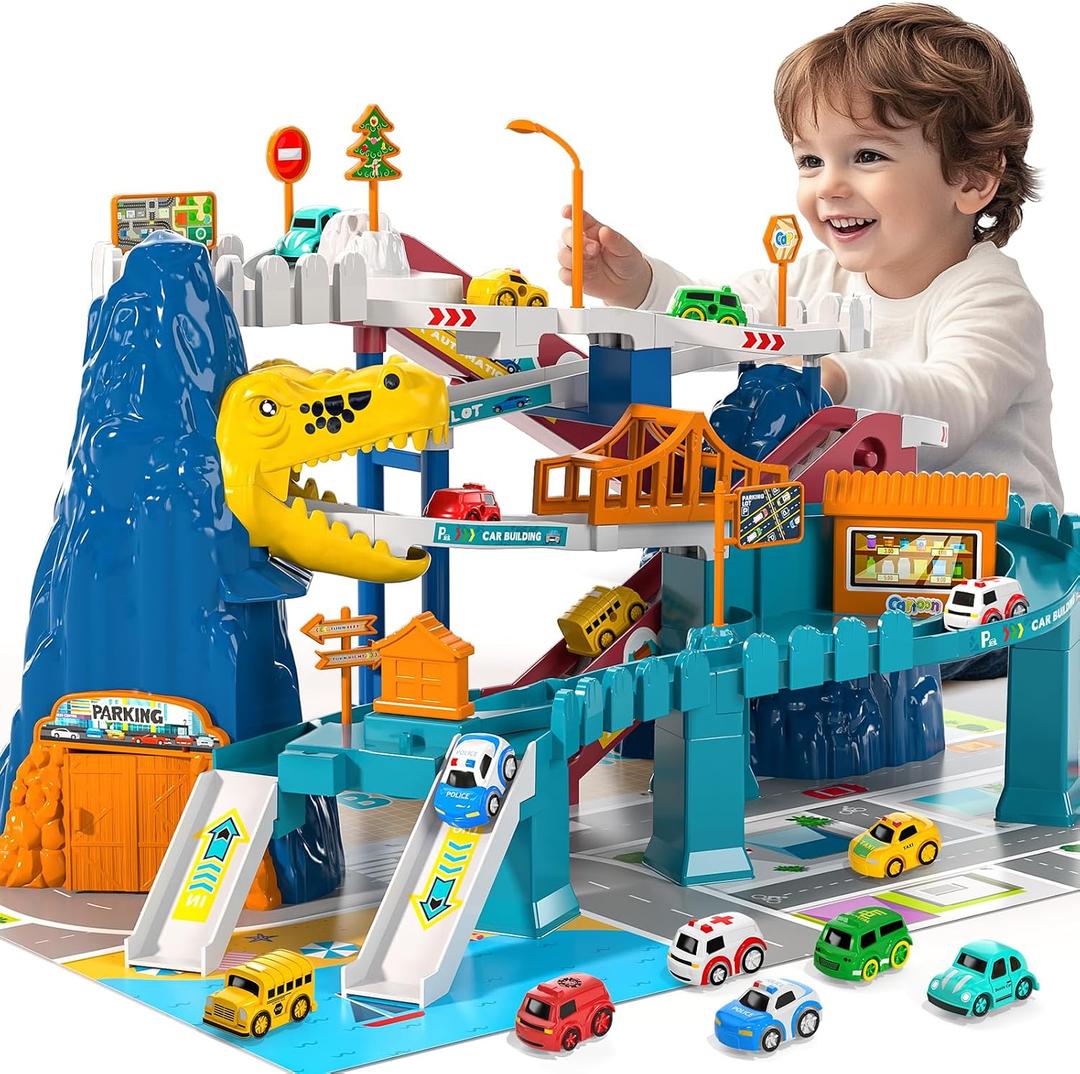 MSKOLER Dinosaur Race Car Tracks for Toddlers 2-4 Years, Dinosaur Climbing Hills Railcar, Toy Car Track Play Set with 7 Small Race Cars, Preschool Birthday Gifts for 3 4 5 6 7 8 Year Old Boys Girls, Medium