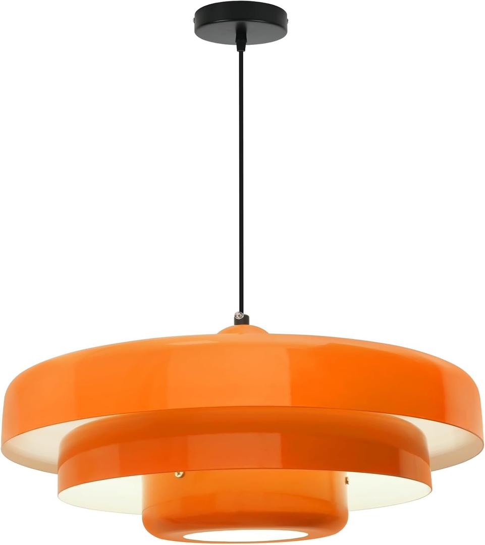 Mid Century Modern Orange Pendant Light, 17.7" Large 3-Layer Metal Shade Flush Mount Chandelier for Kitchen Island, Dining Room, Bar, Vintage Farmhouse Ceiling Light Fixture