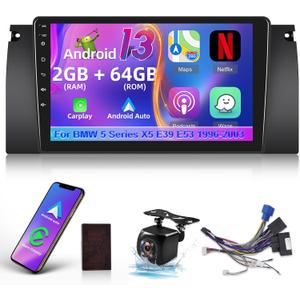 [2+64G] Android 13 Car Stereo for BMW 5 Series X5 E39 M5 E38 E53 1996-2003 - Wireless Carplay & Android Auto - 9 Inch HD Touchscreen EQ Audio - Mirror Link GPS WiFi SWC + AHD Backup Camera + Canbus