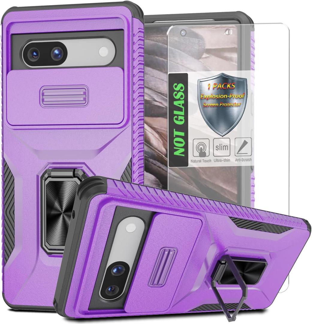 for Pixel 7A Case,with Sliding Camera Lens Cover,HD Screen Protector,360 Rotating Ring Kickstand,AYMECL Military-Grade Shockproof Protective Cover for Google Pixel 7A,Purple