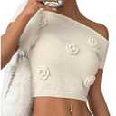 MakeMeChic Women's 3D Flower One Shoulder Sweater Pullovers Cap Sleeve Knit Crop Tops M
