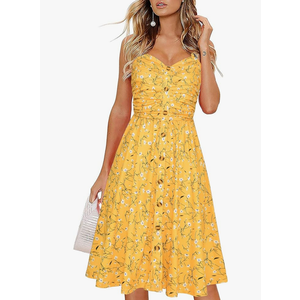 Women's Summer Casual Dress Florals Buttons Down Ruched Sweetheart Neck Sleeveless Midi Sundress, Size Small Women's Summer Casual Dress Florals Buttons Down Ruched Sweetheart Neck Sleeveless Midi Sundress, Size Small