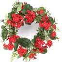 d 24 Inch Red Geranium Wreath on Hand Tied Twig Base, Artificial Floral, Spring and Summer Front Door Wreath, Red, Green, Brown