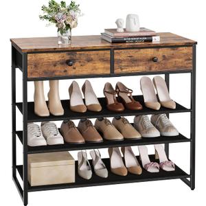 Shoe Rack, 4 Tier Shoe Storage Organizer with 2 Drawers, 12-16 Pairs of Shoes, Metal Shoe Storage Shelf with 3 Oxford Fabric Shelves and Wooden Top, Shoe Stand for Closet Entryway, Rustic Brown