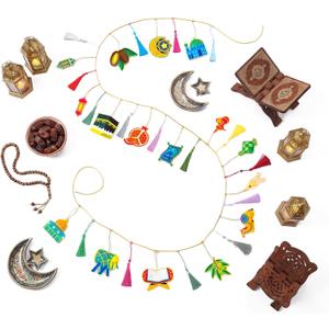 Batiyeer 32 Pcs Eid Mubarak Decorations 3D Felt Ramadan Banner Set with Lantern Moon Palace for Islam Muslim Celebration Lesser Bairam Party Hanging Decor