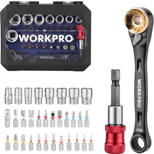 WORKPRO 34-Piece 1/4" Mini Ratchet Wrench Set, 72-Tooth, Right Angle Screwdriver Mens Gifts, 90 Degree Offset Ratcheting Screwdriver Mini Low Profile Ratchet Wrench Bit Socket Set for Tight Space