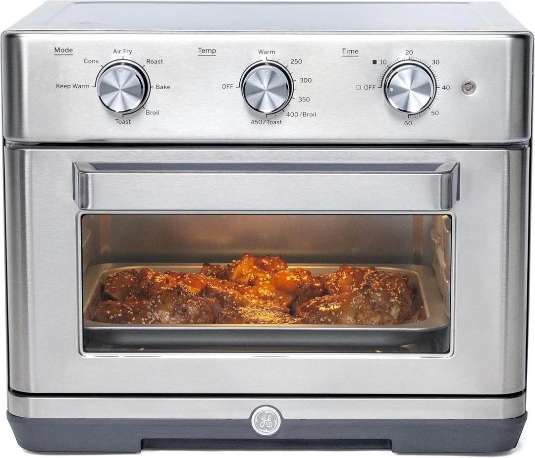 GE Mechanical Air Fryer Toaster Oven + Accessory Set | Convection Toaster with 7 Cook Modes | Large Capacity Oven - Fits 12" Pizza | Countertop Kitchen Essentials | Stainless Steel