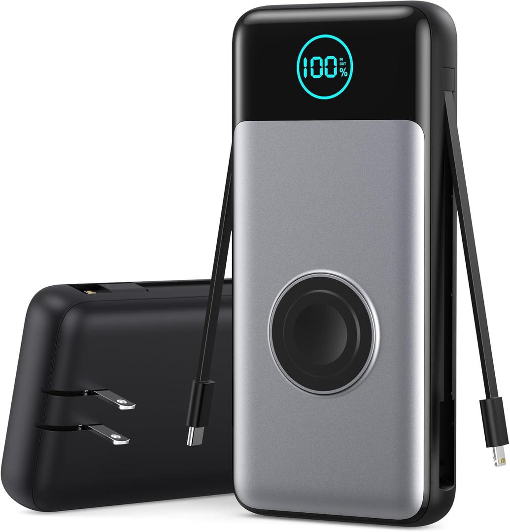 Portable Charger 26800mah for iPhone with Built-in Cables & AC Wall Plug,6-in-1 USB C Power Bank 5 Output Travel Essential,25W PD Fast Charging Battery Pack for iPhone16/15/14/ 13 Android,Apple Watch