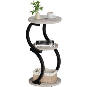 JUSTOGO Small Round Side Table, 3-Tier End Table for Living Room, Vintage Nightstand for Small Spaces Sofa Couch Corner Bedside Bedroom, S-Shaped Wood Accent Table Metal Coffee Table, Greige