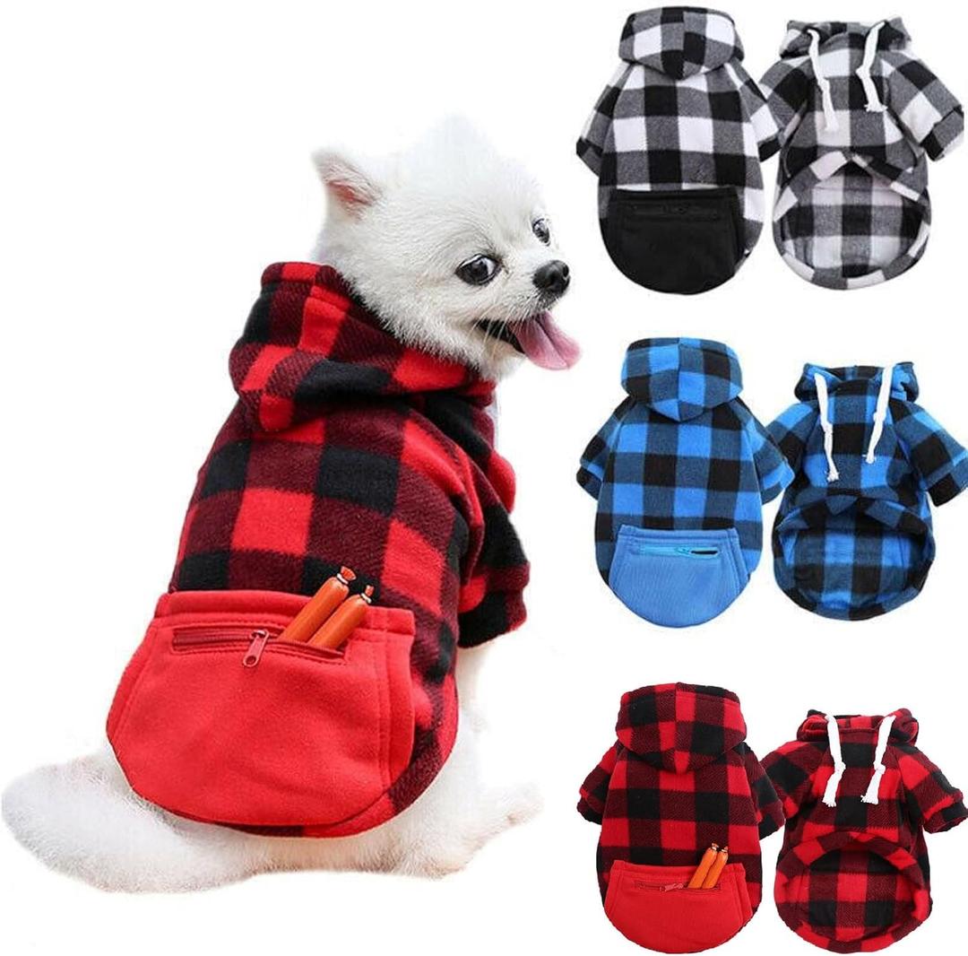 3 Pieces Plaid Dog Hoodie Pet Clothes Sweaters with Hat and Pocket Christmas Classic Plaid Dogs Winter Clothing Warm Dog Hooded Coat Cold Weather Pet Clothes for Dogs and Cats XL