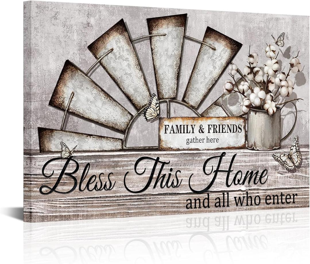 Visual Art Decor Farmhouse Windmill Wall Decor Bless This Home Sign Rustic Farm Style Room Decor Framed 16x24inch Kitchen Bedroom Living Room Decor (Beige)