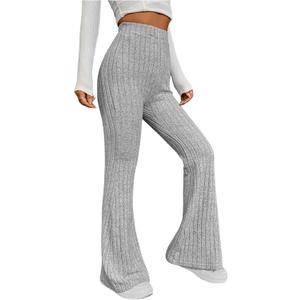 WDIRARA Women's Elastic High Waist Flare Pants Ribbed Knit Bell Bottom Trousers (Grey), S