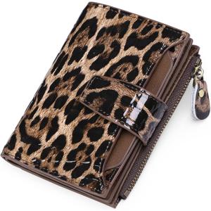 GOIACII RFID Women's Wallet Small Ladies Credit Card Holder Leather with Zipper Pocket 4 ID Windows Leopard Print Wax Black