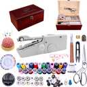 Hand Held Sewing Machine, with Red Wooden Sewing Box and 143 PCS Sewing Kit, Mini Portable Handheld Sewing Machine for Adults and Beginners, with a Power Adapter and Heavy-Duty Scissors