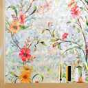 Finnez Stained Glass Window Film with Floral Pattern, Crescent Base and Rainbow Effect, Decorative Static Cling No Glue No Residue 17.5 x 78.7 Inches (Gesang Flower)