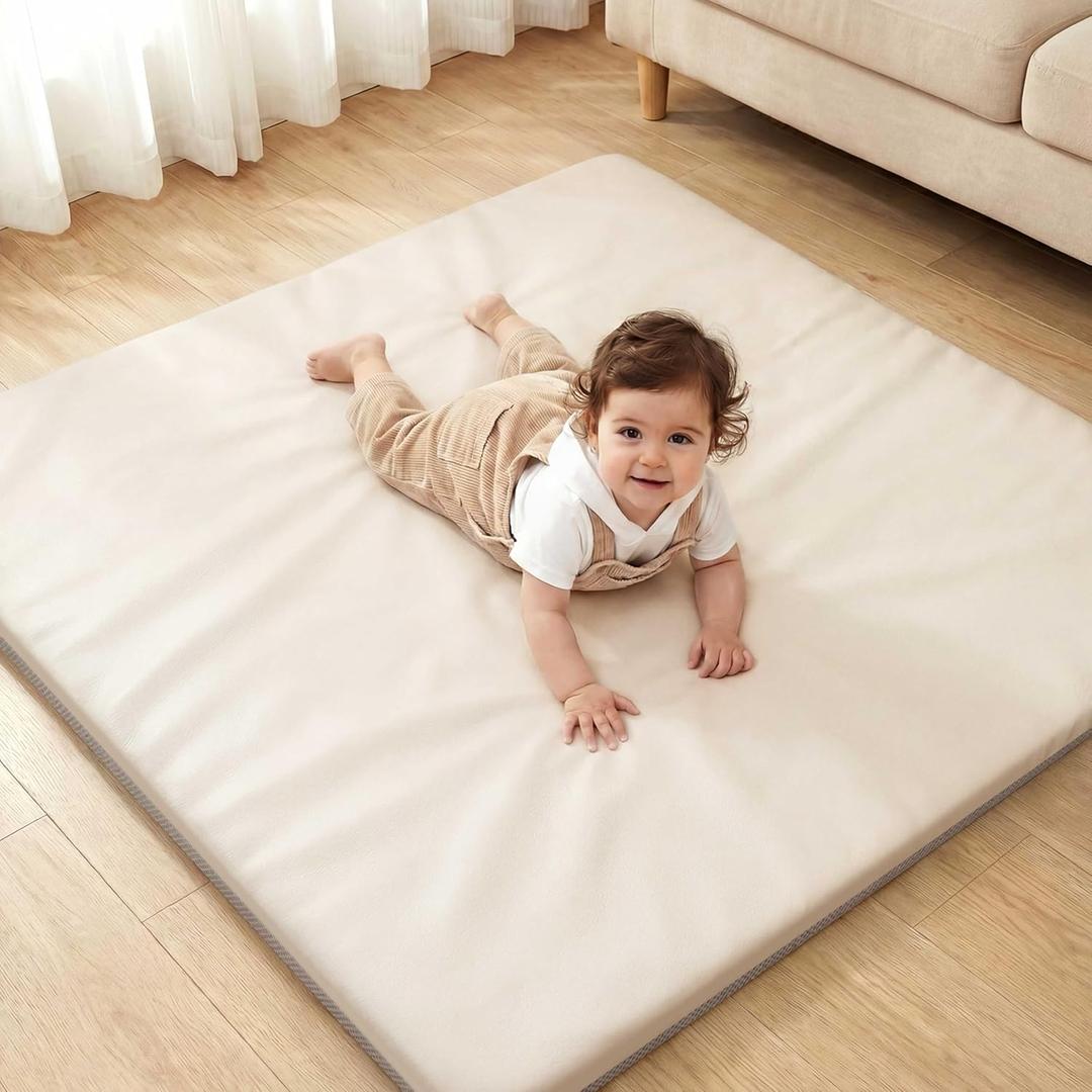Joypony Baby Play Mat for Floor 47x47, 1.5 Thick Vegan Leather Crawling Mat with Removable Cover, Waterproof Playpen Mat for Infants and Toddlers, Wipe-Clean Kids Playmat, Cream (4747 in)