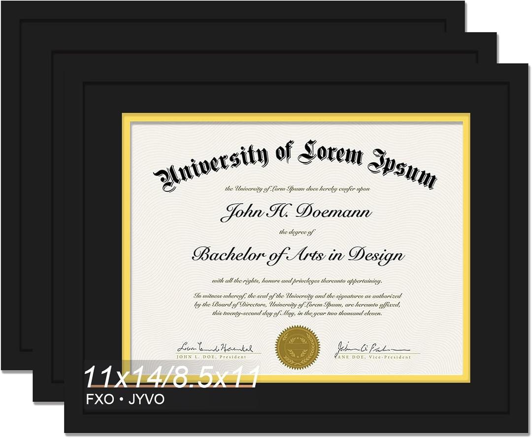 Fxojyvo Black 11 x 14 Diploma Frame Set of 3, Display Document 8.5x11 with Mat or 11x14 Without Mat, Certificate Frame with Black&Gold Mat for Masters Associates Bachelor Degree - 3 Packs