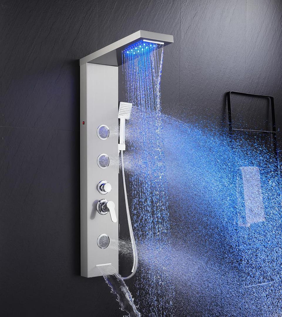5 in 1 Shower Panel Tower System with LED Lights, Rainfall and Waterfall Shower Head, 3 Pcs Adjustable Body Jets, Handheld Shower, Tub Spout (Brushed Nickel)