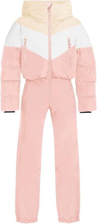 Haloumoning Girls One Piece Snowsuits Kids Puffer Waterproof Hooded Ski Suits Coveralls Winter Jumpsuits 5-14 Years, pink (Size 120)