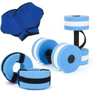 NEAGLORY 6 Pieces Aquatic Exercise Set Water Aerobics Set Pool Fitness Equipment Foam Water Dumbbell, Swim Aquatic Cuffs, Swimming Gloves for Exercise, Blue