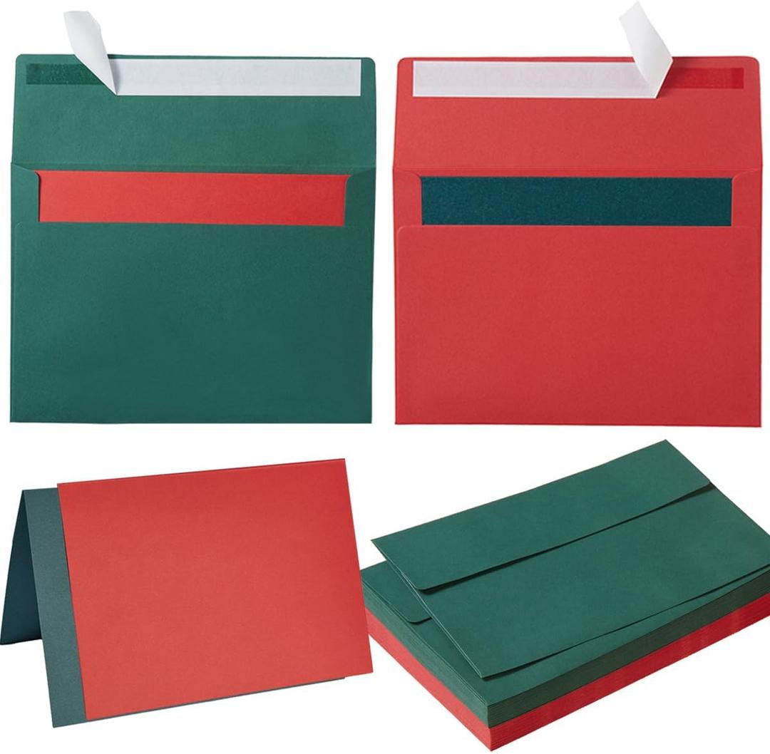 Wishop 50 Pack Christmas Self-Adhesive Envelopes with Fold Cards Green Red for Christmas Greeting Cards, Invitations, Letter Mailing (4x6)