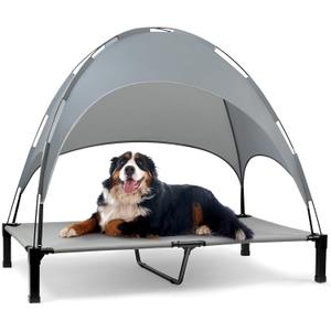 Heeyoo Elevated Dog Bed with Canopy, Portable Dog Cot with Removable Shade Tent, Outdoor Raised Pet Cot Cooling Bed for Dogs (58"L x 36"W x 9.5"H, Grey)