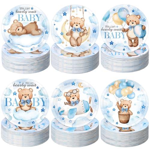 Funnymoom 60 Pcs 7 Inch Blue We Can Bearly Wait Plates for Baby Shower Blue Bear Tableware for Dessert Cake Bearly Wait Baby Shower Decorations Party Supplies for Gender Reveal Party