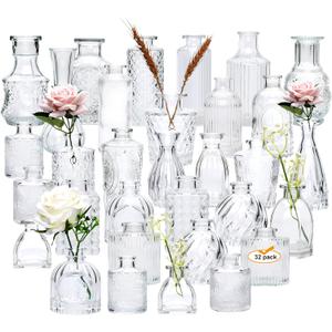 Glass Bud Vase Set of 32 pcs,Bud Vases in Bulk,Small Vases for Centerpieces, Mini Flower Vase Bulk for Rustic Wedding Home Table Decorations