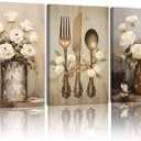 Doqueodas 3 pcs Vintage Floral Kitchen Canvas Framed Wall Art White Rose Still Life Print Image Farmhouse Chic Country Style Painting Poster Suitable for Kitchen and Dining Room Wall Decor 16x24 inch