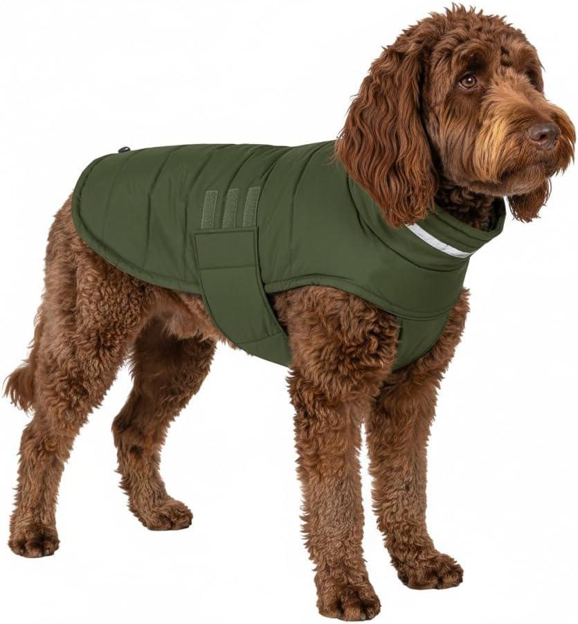 Mklhgty Waterproof Dog Coat for Small Dogs, Warm Dog Winter Jacket, Reflective Windproof Turtleneck Dog Cold Weather Coats with Adjustable Hook & Loop - Green - S