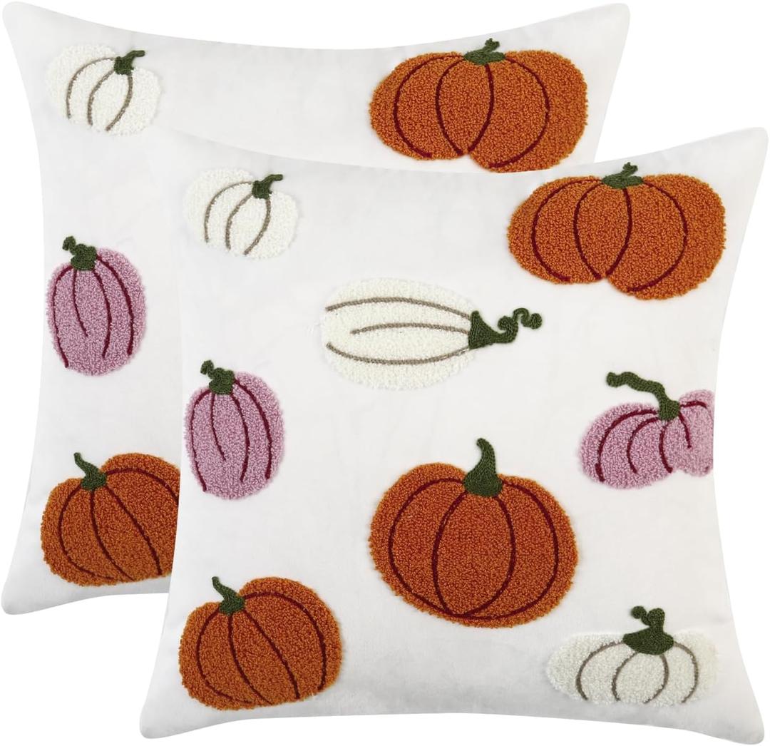2 x Holibeat Fall Pillow Covers 18x18inch Set of 2 Tufted Thanksgiving Pumpkin Pillow Cases Fall Decoration for Home (8MP)