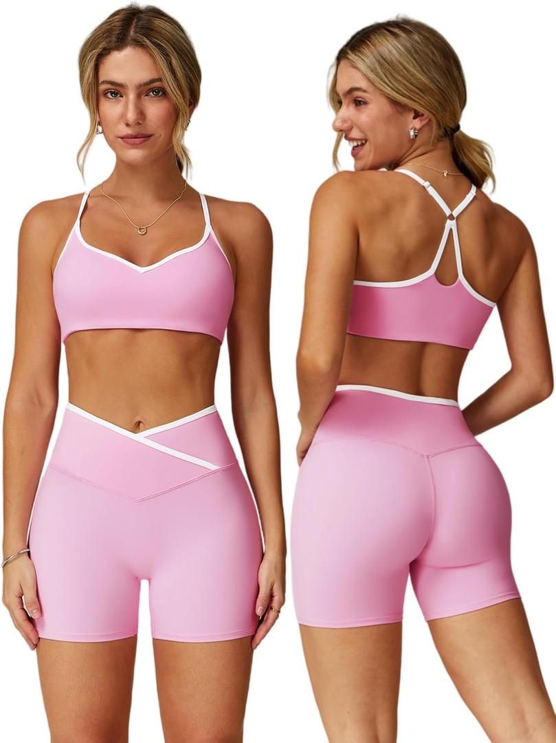 ABOCIW Workout Sets for Women 2 Piece Color Block Strappy Sports Bra Crossover High Waist Shorts Gym Yoga Pilates Outfits (Pink)