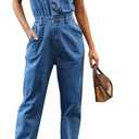 Tongmingyun Women's Cap Sleeve Denim Jumpsuit Button Down Straight Leg Jeans Long Pants Rompers with Pockets (Blue) S