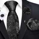 GUSLESON 3.15"8cm Mens Floral Tie and Lapel Pin Necktie Hankerchief Cufflinks Set for Men (Black)