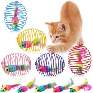 Jecery 5 Pcs 5 Pcs Cat Spring Balls Toys Stretchable Rolling Balls Colorful Playful Coils Interactive Spring Action Toy Caged Rats for Kitten Cat Pet Supplies (Mouse, Rainbow Color)