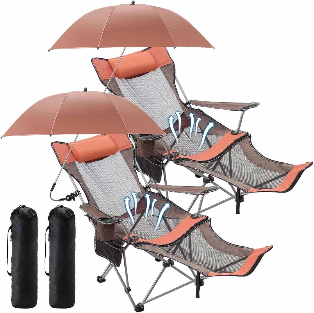 Yuntau 2 Set Reclining Beach Chairs with Umbrella & Footrest, Portable Adjustable Folding Mesh Lounge Chair with Headrest & Storage Bag for Camping, Fishing, Outdoor, Patio(Orange)