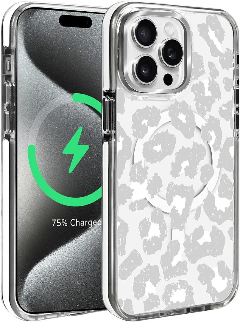 Magnetic for iPhone 14 Pro Max Case, Compatible with MagSafe, Wireless Slim Clear Shockproof Protective Cover for Women Girl - Gray White Leopard Print