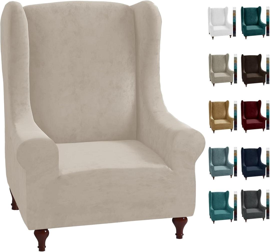 MAXIJIN Stretch Velvet Wingback Chair Slipcover 1-Piece Soft Stylish Plush Slipcovers for Wingback Chairs Thick Rich Velvet Wing Chair Cover with Elastic Bottom (Wing Chair, Khaki)