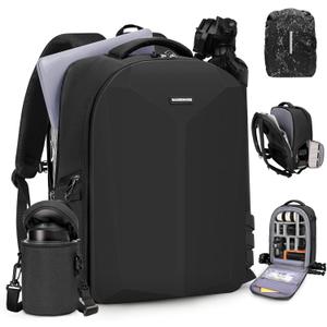 RAINSMORE Camera Backpack Hard Shell for DSLR/SLR Waterproof Camera Bag with Laptop Compartment 15.6 Inch Professional Camera Case with Rain Cover Photography Backpack Bag with Camera Lens Case Black