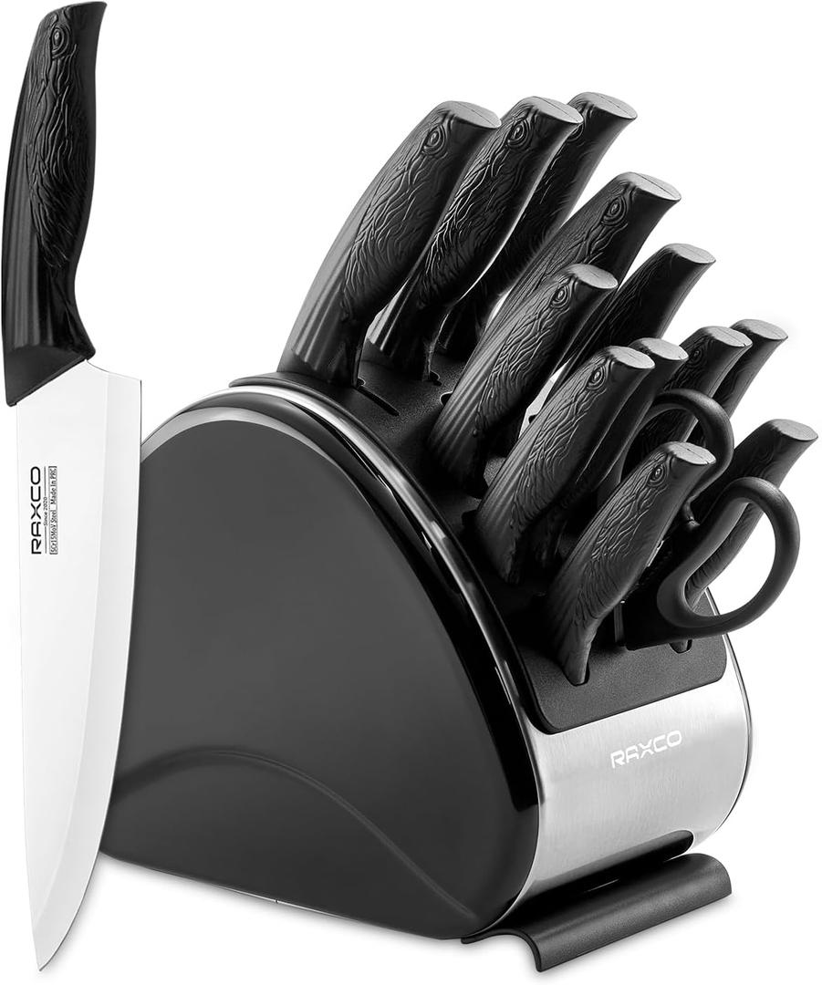 RAXCO Kitchen Knife Set,15-Piece German Stainless Steel Chef Knives for Cooking, Black