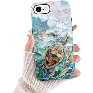 for iPhone 16e Stained Glass Phone Case 6.1", Aesthetic Blue and Green Turtle Ocean Sea Case Cute Pattern Print Design Cover Anti-Scratch Glossy Prevention Funda for Woman Girls Men