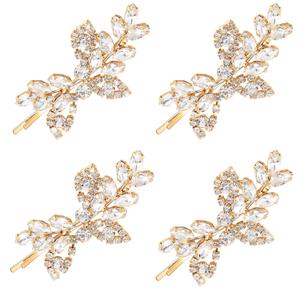 Waydress 4 Pcs Rhinestone Hair Clip Wedding Bridal Hair Barrette Decorative Leaf Crystal Side Hairpin Accessories for Women(Rhinestone Style,Gold)