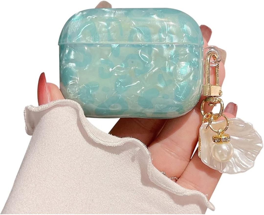Cute Case for Airpod Pro 2 with Shell Pearl Keychain Luxury Aesthetic Leopard Hard TPU Protective Cover Compatible with AirPods Pro 2019 2022 2023 for Girls Women (Turquoise Blue)
