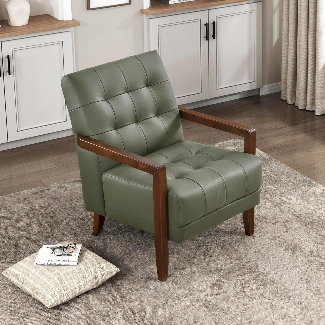 Lexicon Modern Accent Chair, Luxury Genuine Leather Match Living Room Chair with Tufted Cushions, Solid Wood Frame and Arm Rest, Comfy Upholstered Single Seat for Bedroom/Reading/Office, Green Lexicon Modern Accent Chair, Luxury Genuine Leather Match Living Room Chair with Tufted Cushions, Solid Wood Frame and Arm Rest, Comfy Upholstered Single Seat for Bedroom/Reading/Office, Green