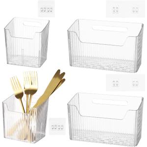 yeesport 4 PCS Cabinet Door Organizer Bins, Clear Plastic Wall Mount Hanging Storage Baskets with Adhesive Hooks, Bathroom Fridge Kitchen Pantry Under Sink Drawer Organizer with Drain Holes