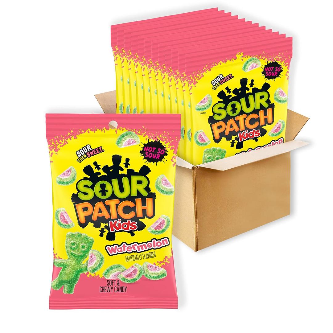 SOUR PATCH KIDS Watermelon Soft & Chewy Candy, Bulk Candy, 12 - 8 oz Bags, BBD: JULY 15, 2025