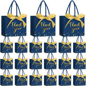Jetec 45 Pcs Mini Paper Gift Bag Bulk 5.5 x 4.7 x 2.5'' Small Thank You Favor Bag with Handle Bow Ribbon for Christmas Thanksgiving Wedding Baby Bridal Shower Birthday Party(Business Blue/gold)