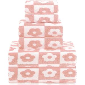 Kinlop 6 Pcs Checkered Bath Towels Set Coral Washcloth Soft Fleece Quick Dry Patterned Hand Towel for Bathroom Back to School Gym Spa Beach Accessories(Pink,Flower)